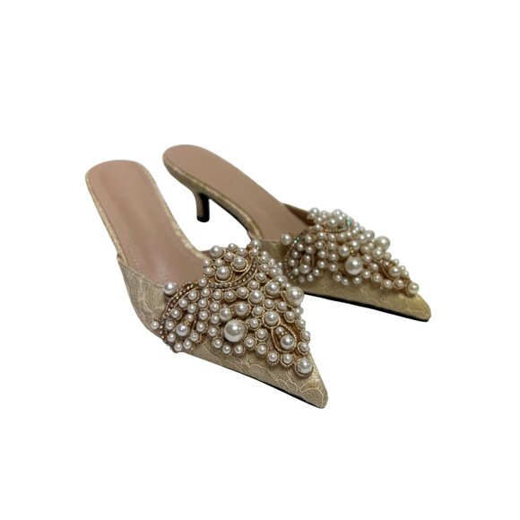 Vita Grace NWT Cream Pearl Beaded Bridal Kitten Heel Mule - Picture 1 of 9